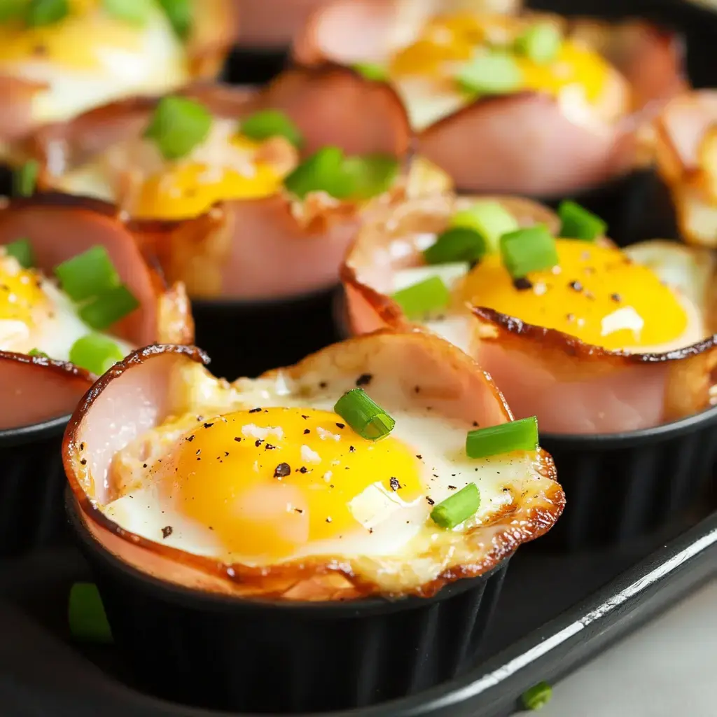 Baked eggs nestled in ham cups, garnished with chopped green onions.