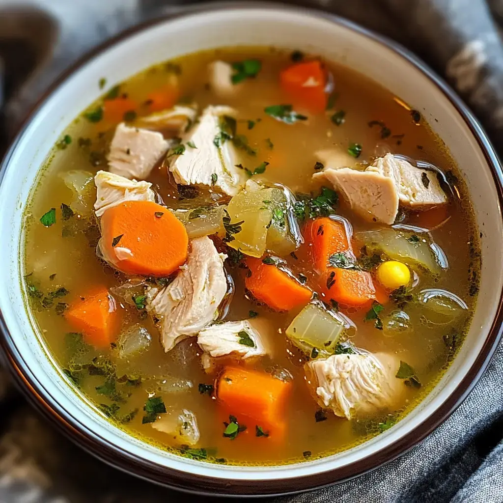 A bowl of hearty chicken soup with tender chicken pieces, carrots, celery, and herbs in a flavorful broth.