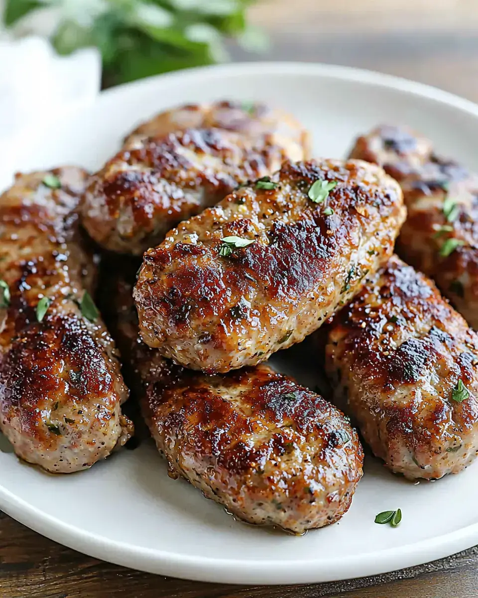 A plate of golden-brown, grilled sausage links garnished with fresh herbs.