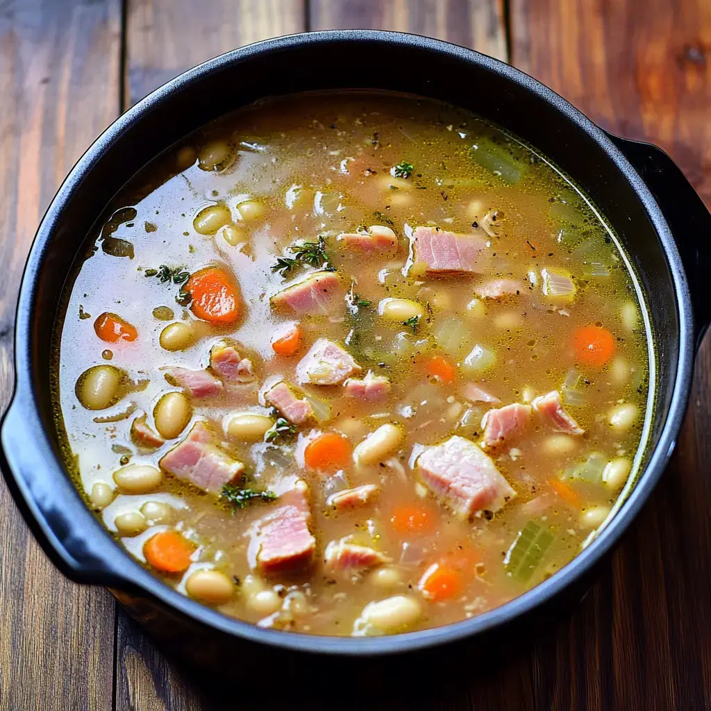 A black pot filled with hearty soup, containing pieces of ham, white beans, carrots, and herbs, set on a wooden surface.