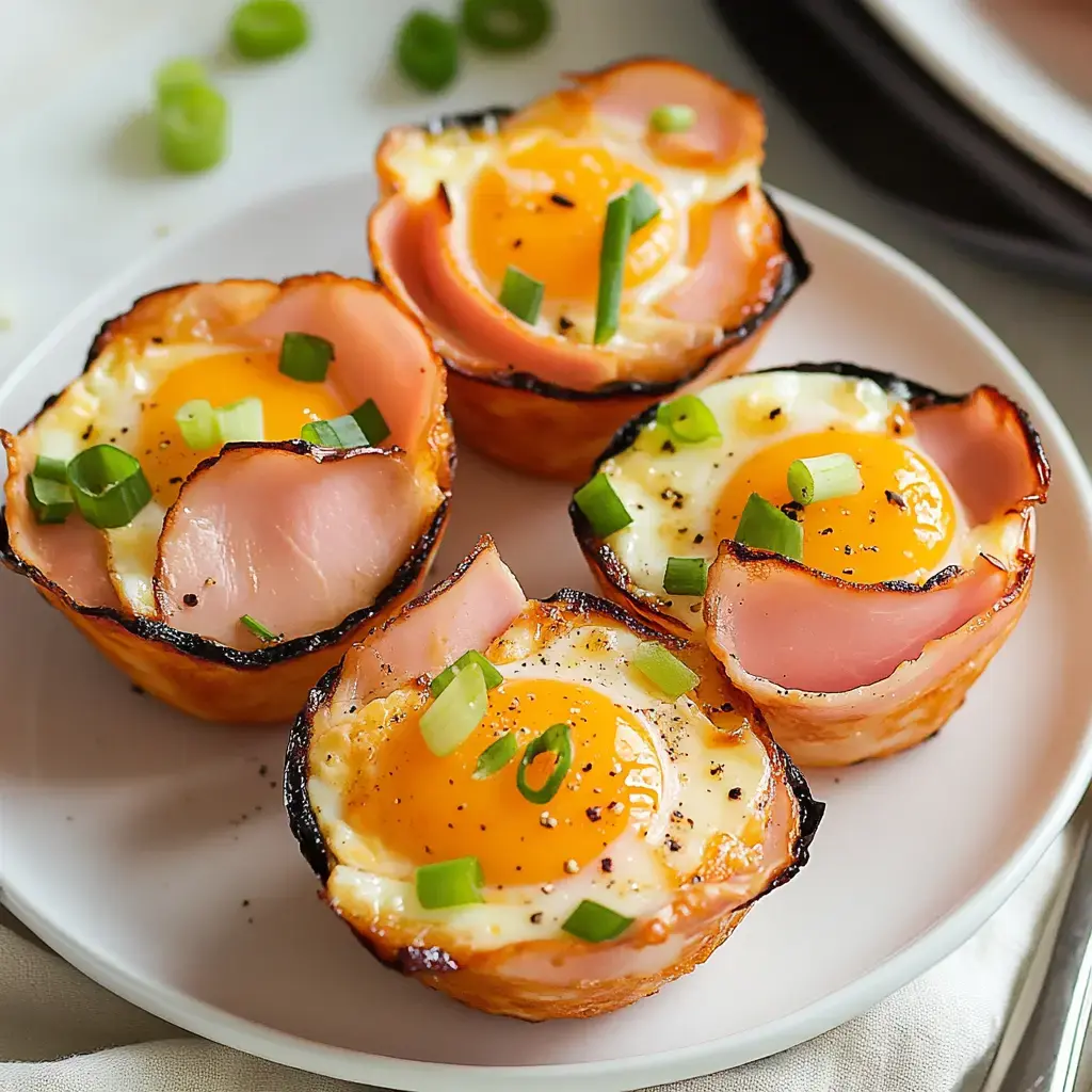 A plate of four baked egg and ham cups, topped with green onions and black pepper.