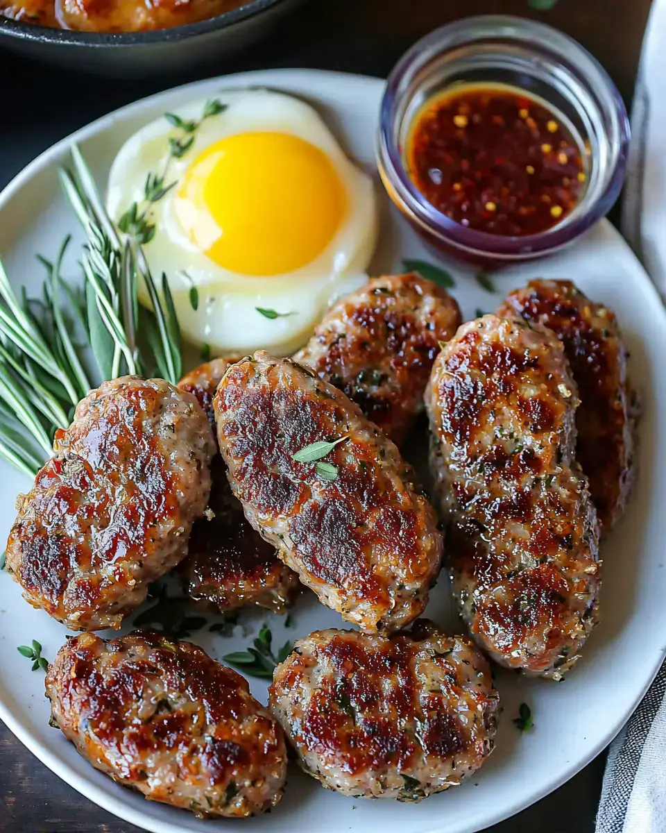 A plate of golden-brown sausage patties garnished with fresh herbs, accompanied by a sunny-side-up egg and a small bowl of dipping sauce.