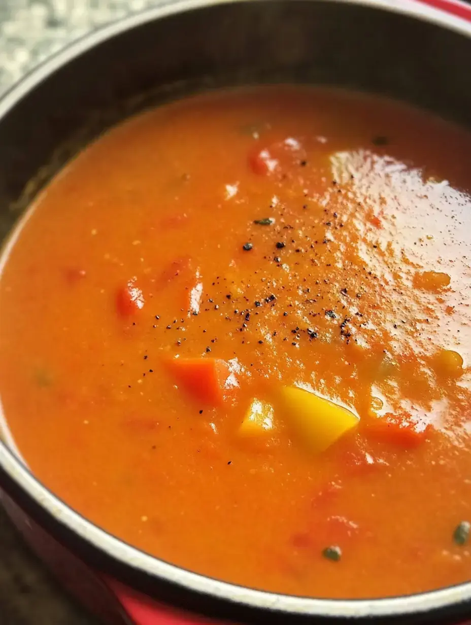 A bowl of vibrant orange soup garnished with black pepper and pieces of diced vegetables.