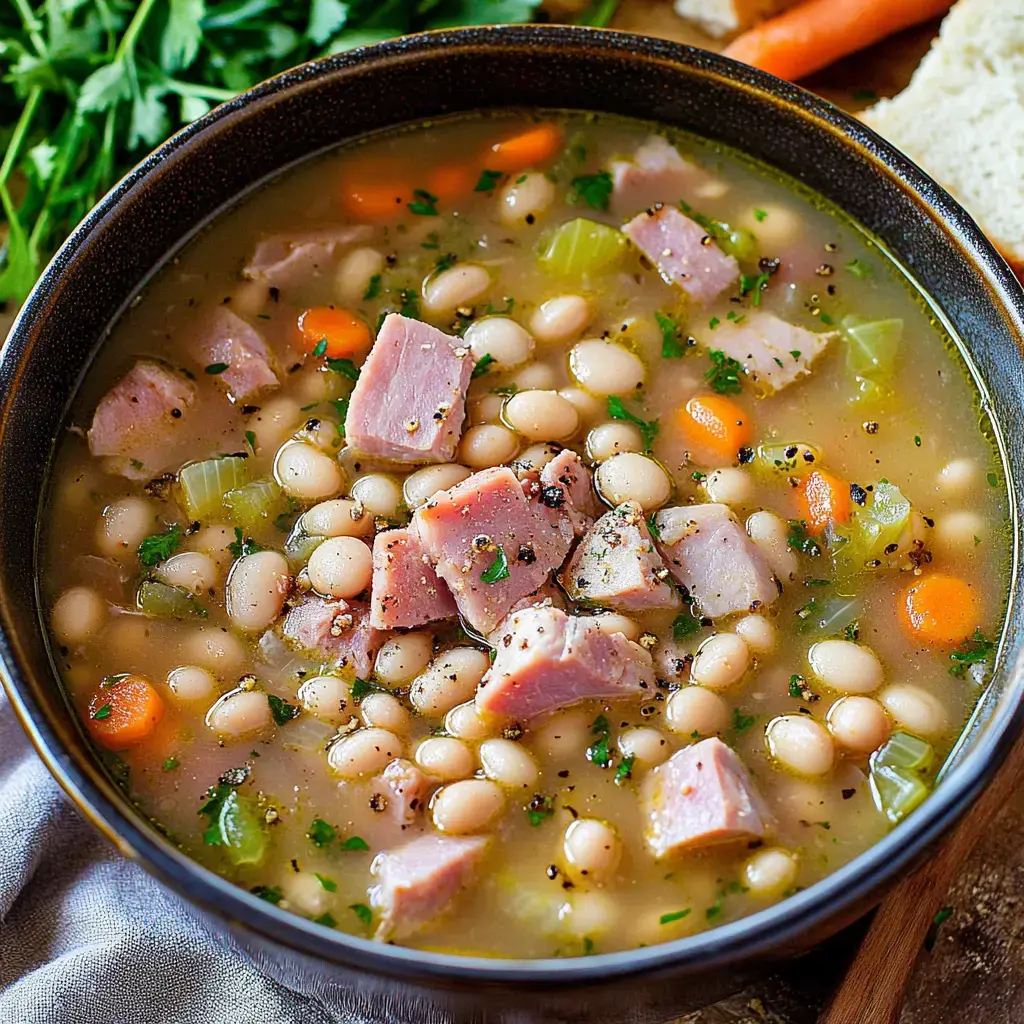 A hearty bowl of bean and ham soup with chunks of ham, white beans, carrots, and celery, garnished with parsley.