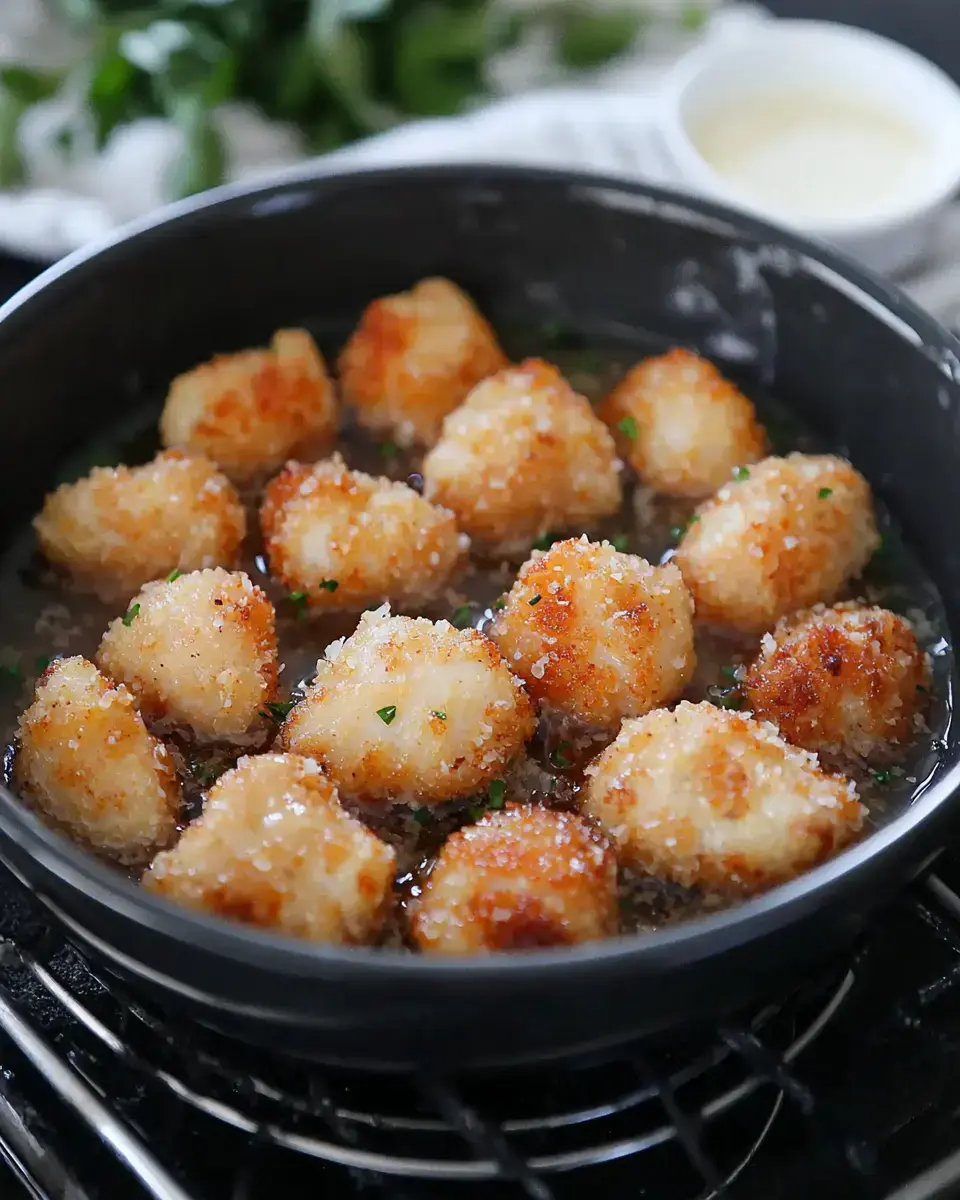 A close-up of golden-brown, crispy fried balls in a pan, garnished with green herbs and soaking in a flavorful sauce.