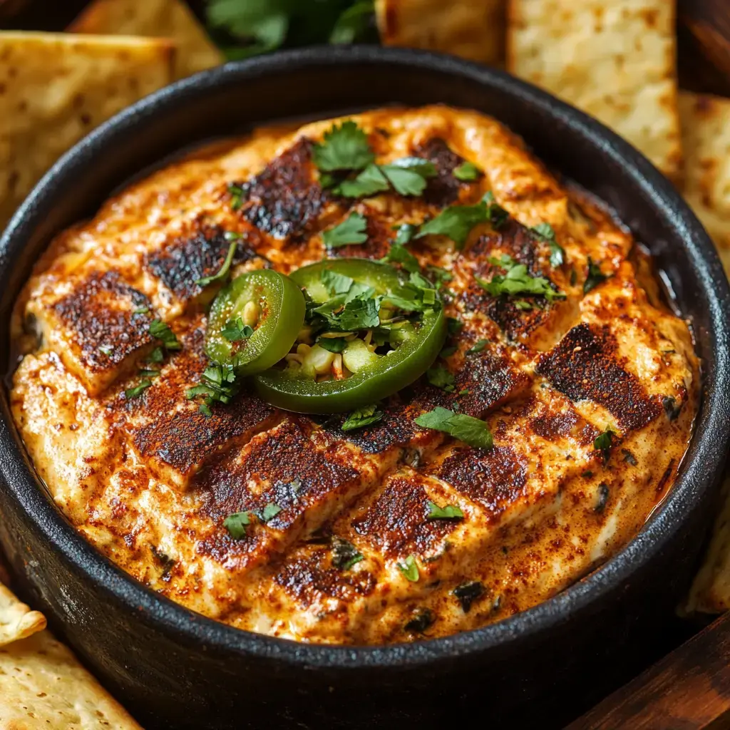 A baked cheese dip garnished with jalapeños and cilantro, served in a black dish alongside tortilla chips.