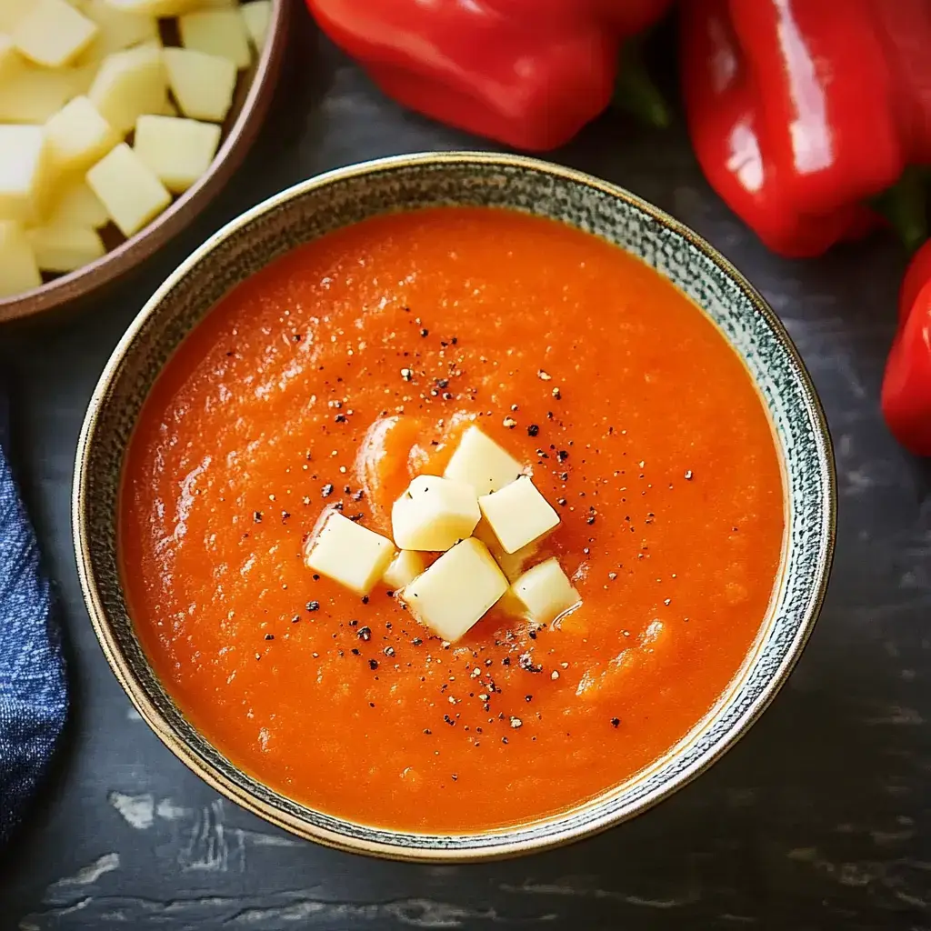 A bowl of vibrant red pepper soup topped with diced cheese and black pepper, surrounded by fresh red peppers and cubes of cheese.