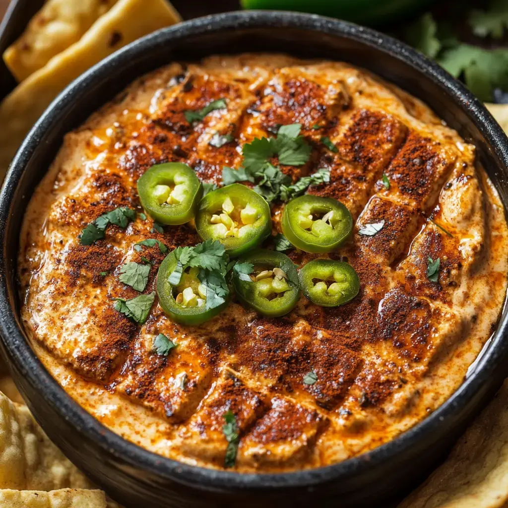 A close-up of a bowl of creamy dip topped with sliced jalapeños and cilantro, surrounded by tortilla chips.