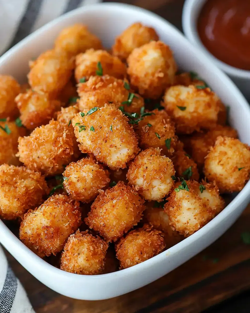 A white bowl overflowing with golden-brown, crispy fried cheese bites garnished with parsley, accompanied by a small bowl of dipping sauce.