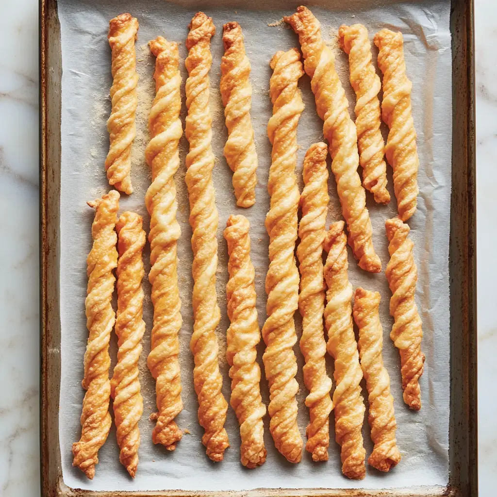 A tray lined with parchment paper holds several golden, twisted pastry sticks.