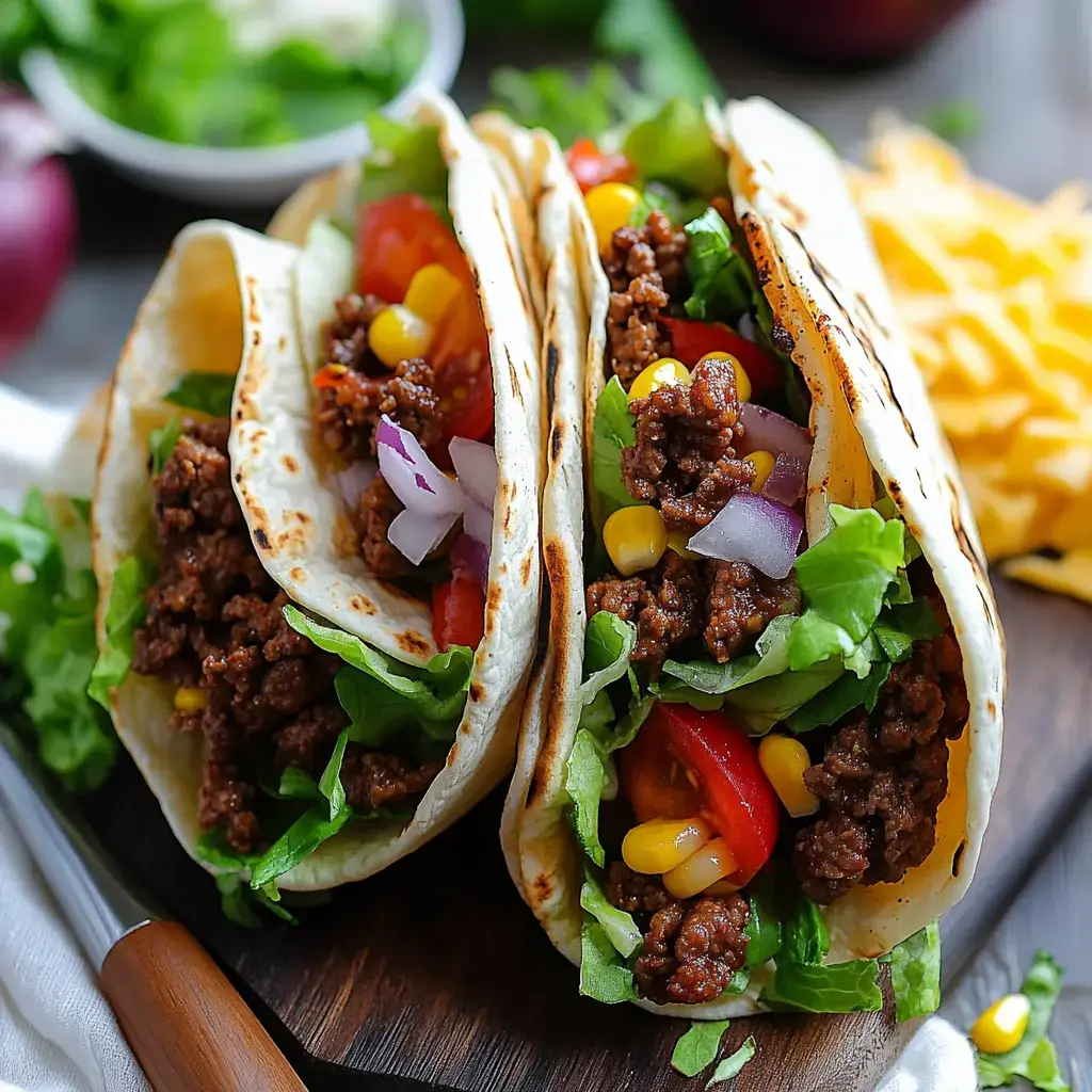 Three tacos filled with ground beef, lettuce, tomatoes, corn, and onions are displayed on a wooden board.