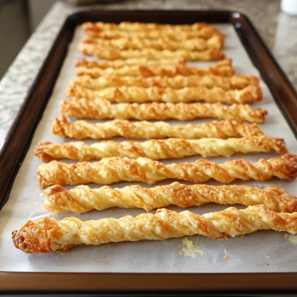 A tray of golden, flaky pastry twists arranged neatly on parchment paper.