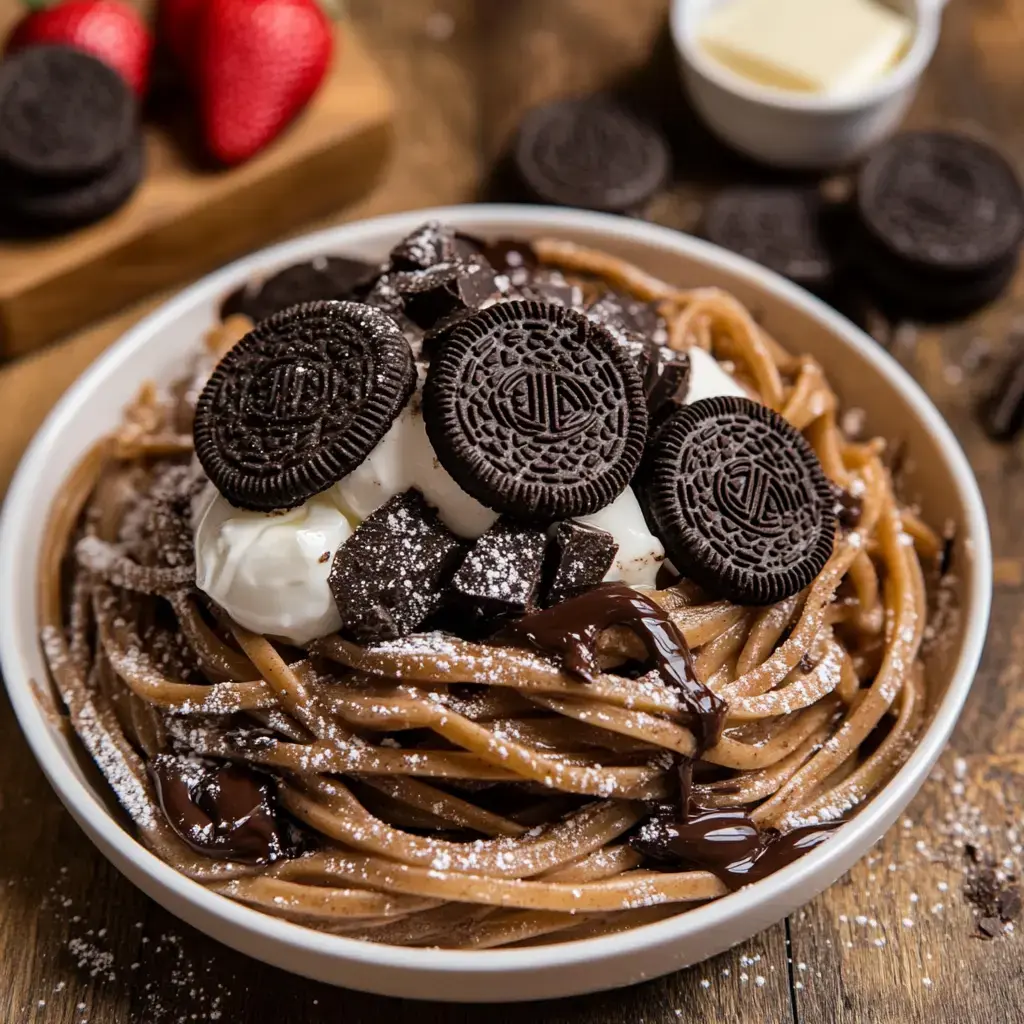 A bowl of chocolate pasta topped with whipped cream, Oreo cookies, chocolate chunks, and powdered sugar, accompanied by fresh strawberries.