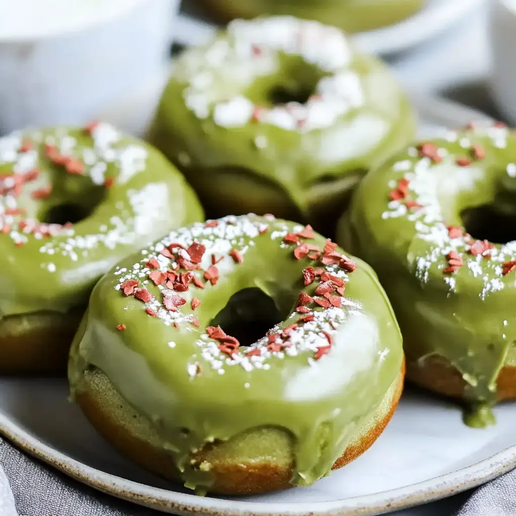 A plate of green-glazed donuts topped with red sprinkles and powdered sugar.