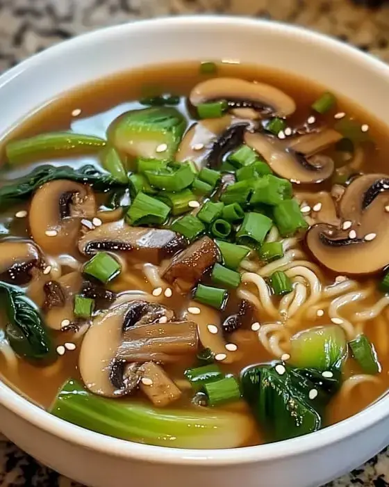 A bowl of noodle soup with mushrooms, green onions, and bok choy in a savory broth, garnished with sesame seeds.