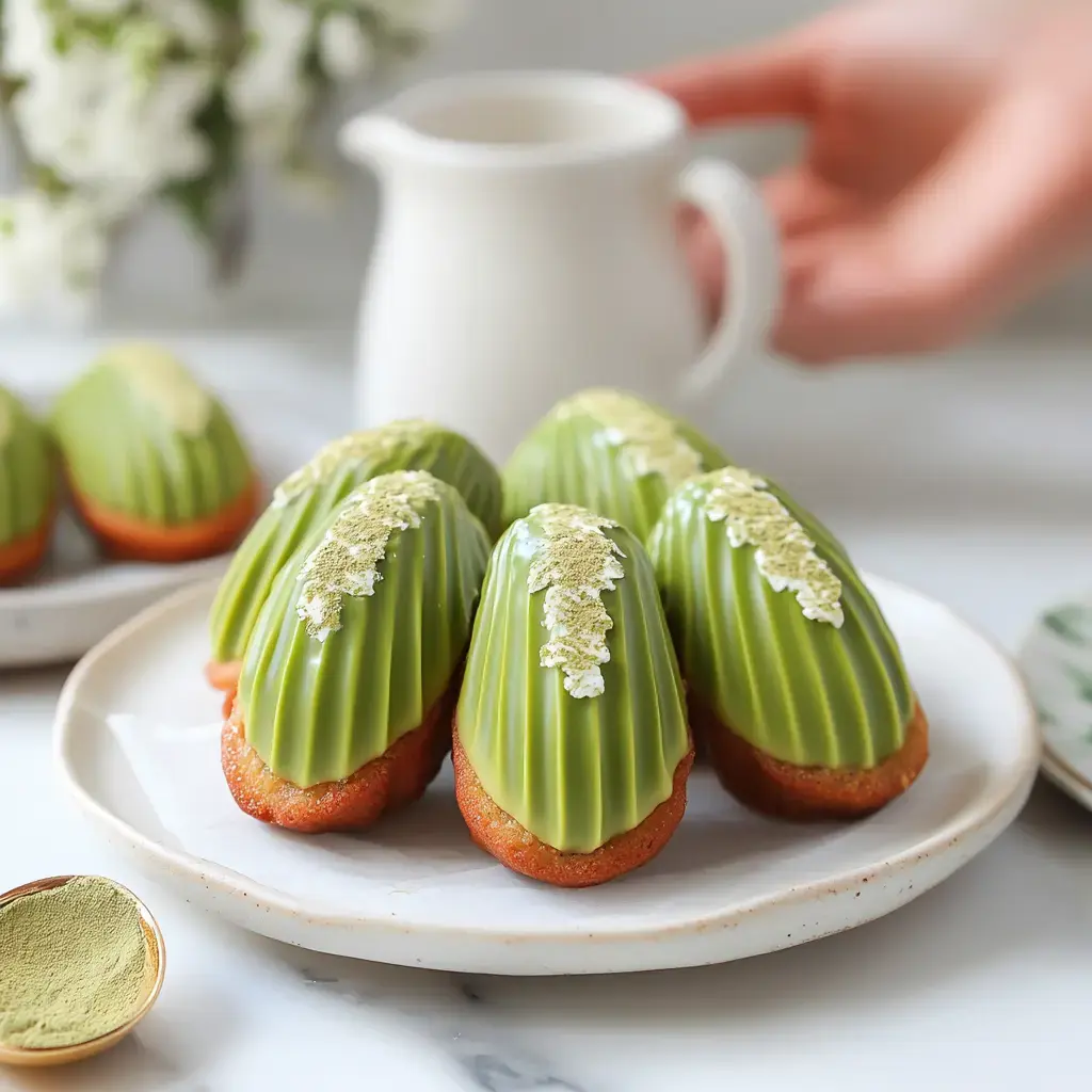 A plate of green, matcha-flavored madeleines decorated with gold sprinkles and a chocolate glaze, alongside a small bowl of matcha powder and a white pitcher in the background.