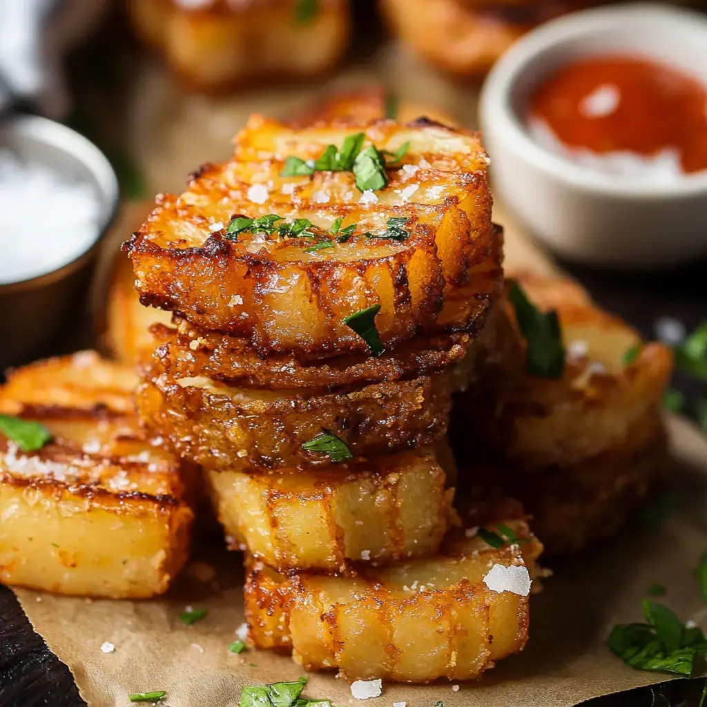 A stack of golden, crispy fried potatoes garnished with fresh herbs, served with a side of dipping sauce.