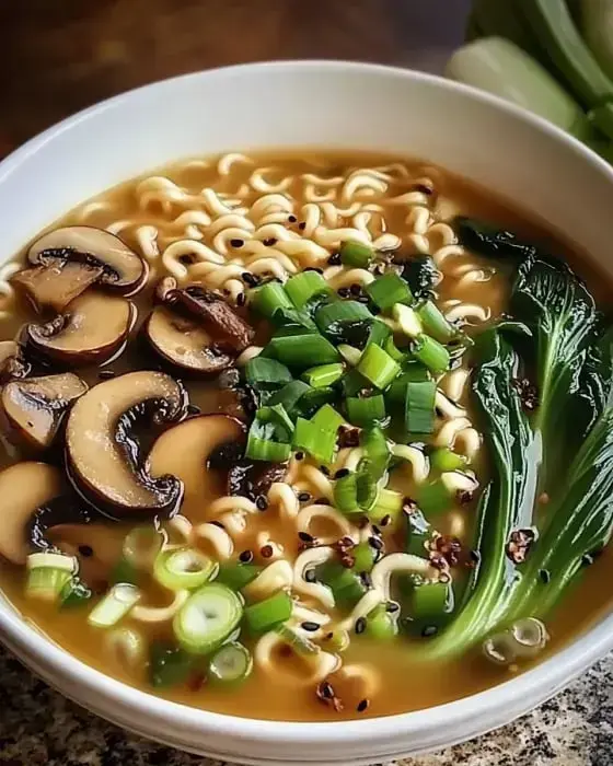 A bowl of ramen featuring noodles, sliced mushrooms, chopped green onions, and leafy greens in a savory broth.