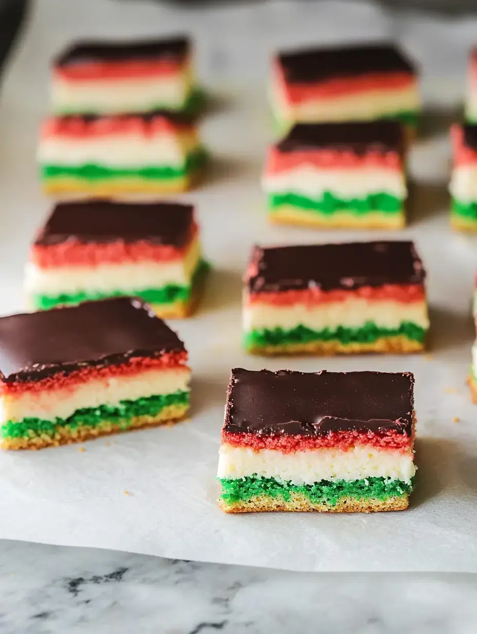 A close-up of colorful layered desserts with red, white, and green layers, topped with chocolate, arranged on parchment paper.