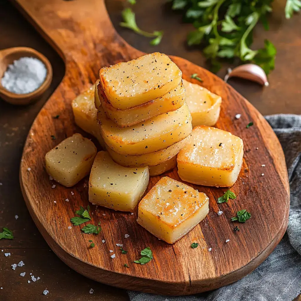 A wooden platter displays a stack of crispy, golden-brown squares of cooked food, garnished with herbs and sea salt.