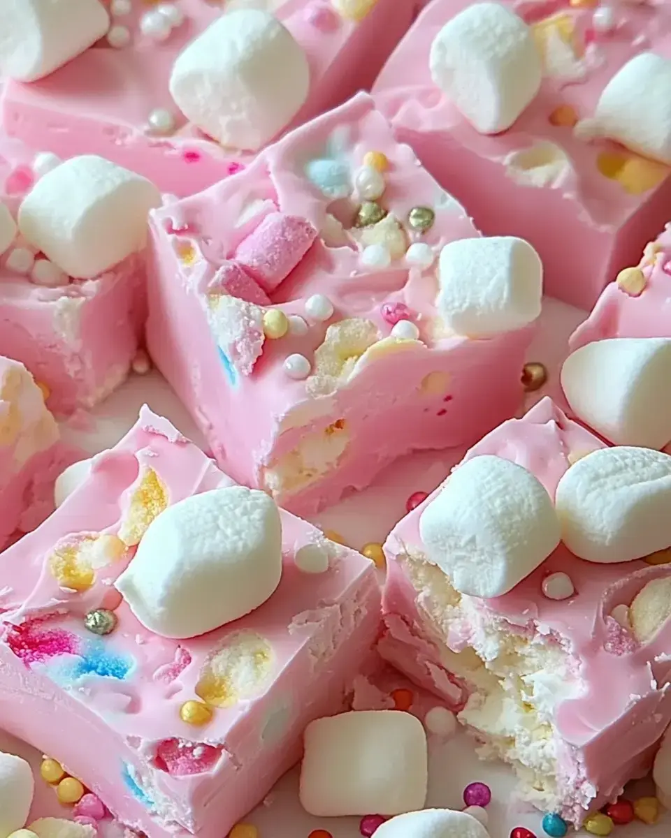 A close-up view of pink fudge squares topped with colorful sprinkles and small marshmallows.