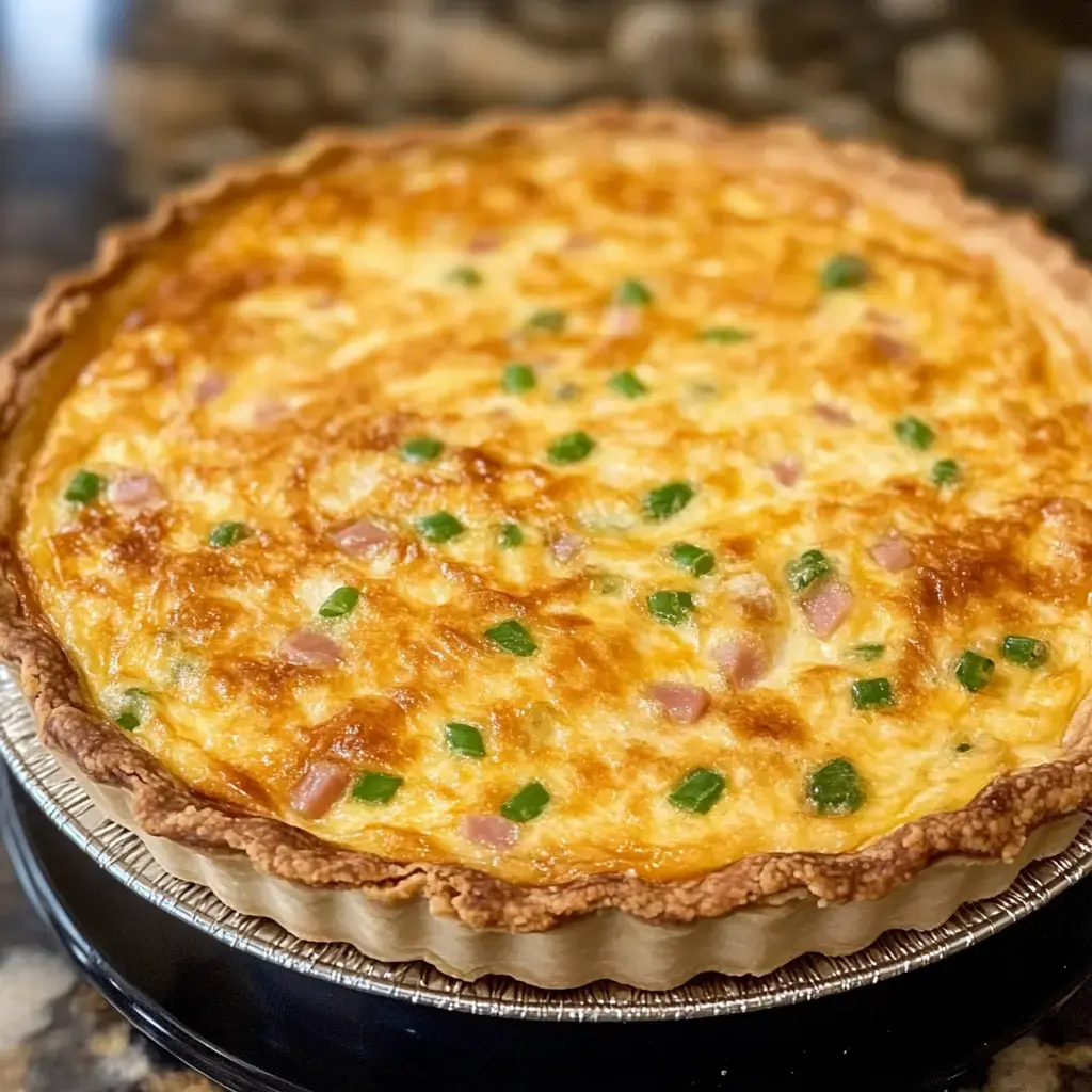 A freshly baked quiche with a golden-brown crust, filled with a creamy egg mixture, diced ham, and green bell pepper pieces on top.