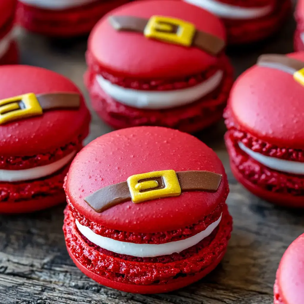 A close-up of red macarons decorated to resemble Santa Claus's belt, featuring white filling and brown and yellow fondant accents.