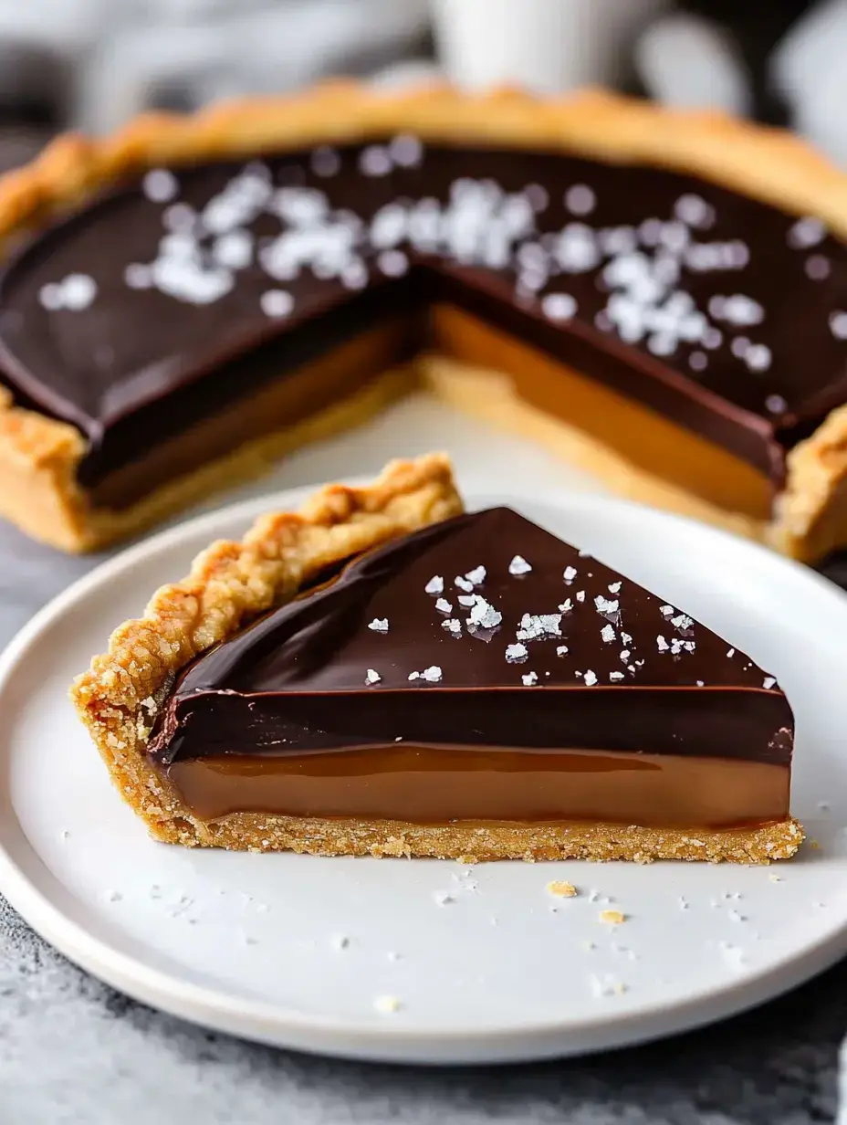 A slice of chocolate caramel tart, topped with flakes of sea salt, is displayed on a white plate beside the whole tart.