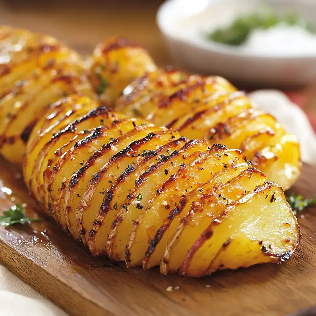 Hasselback potatoes, sliced and grilled to a golden brown, are presented on a wooden board alongside a bowl of dipping sauce.