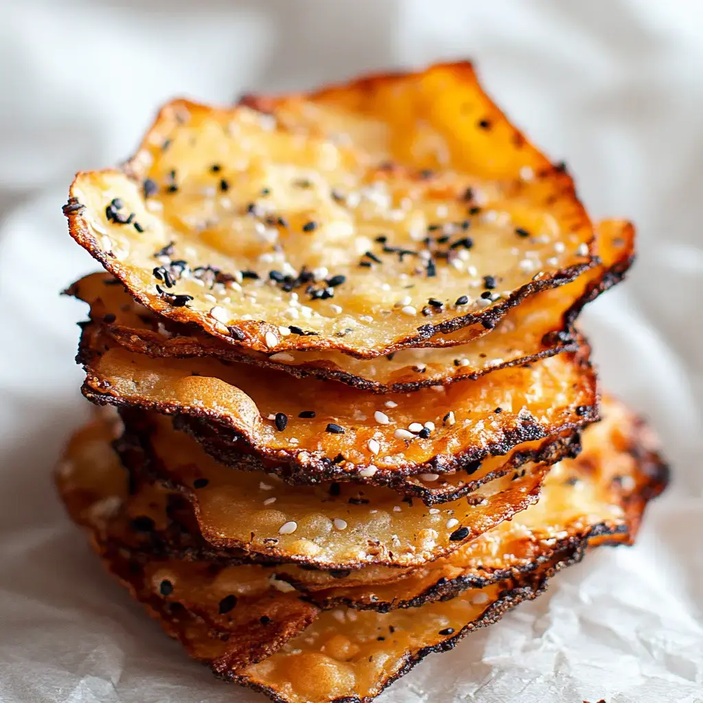 A stack of crispy snacks sprinkled with sesame and black seeds, resting on crumpled parchment paper.