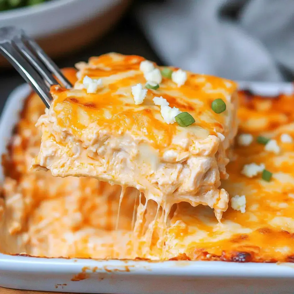 A fork lifts a slice of cheesy, pulled chicken casserole, with melted cheese and green onion garnish.