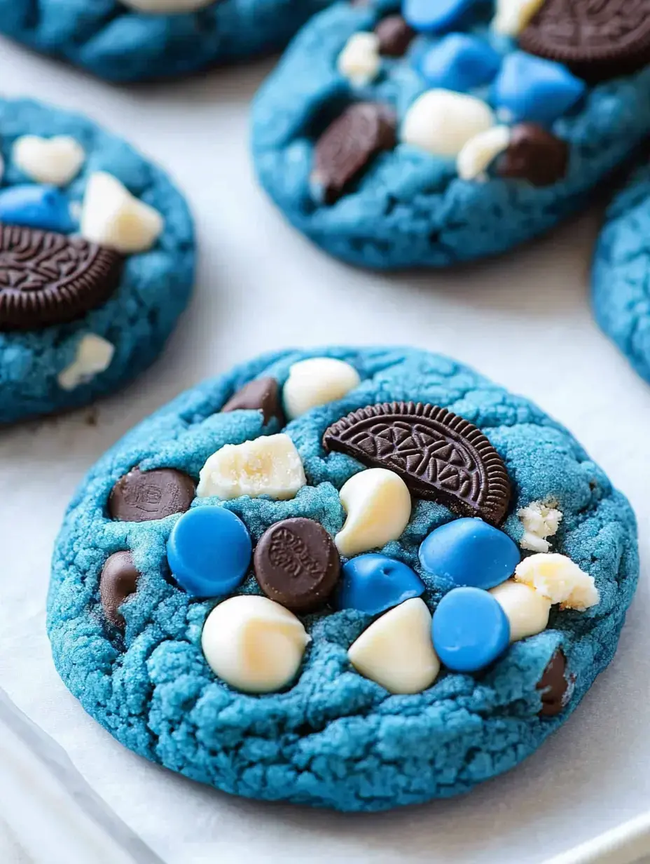 A close-up of vibrant blue cookies topped with various chocolate chips and Oreo pieces.