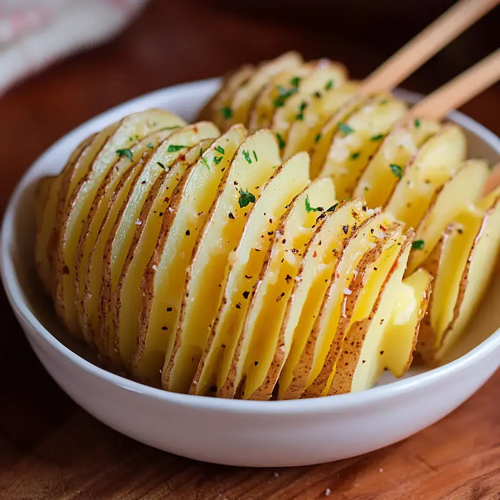 A bowl of thinly sliced, lightly seasoned potatoes arranged neatly with visible herbs.