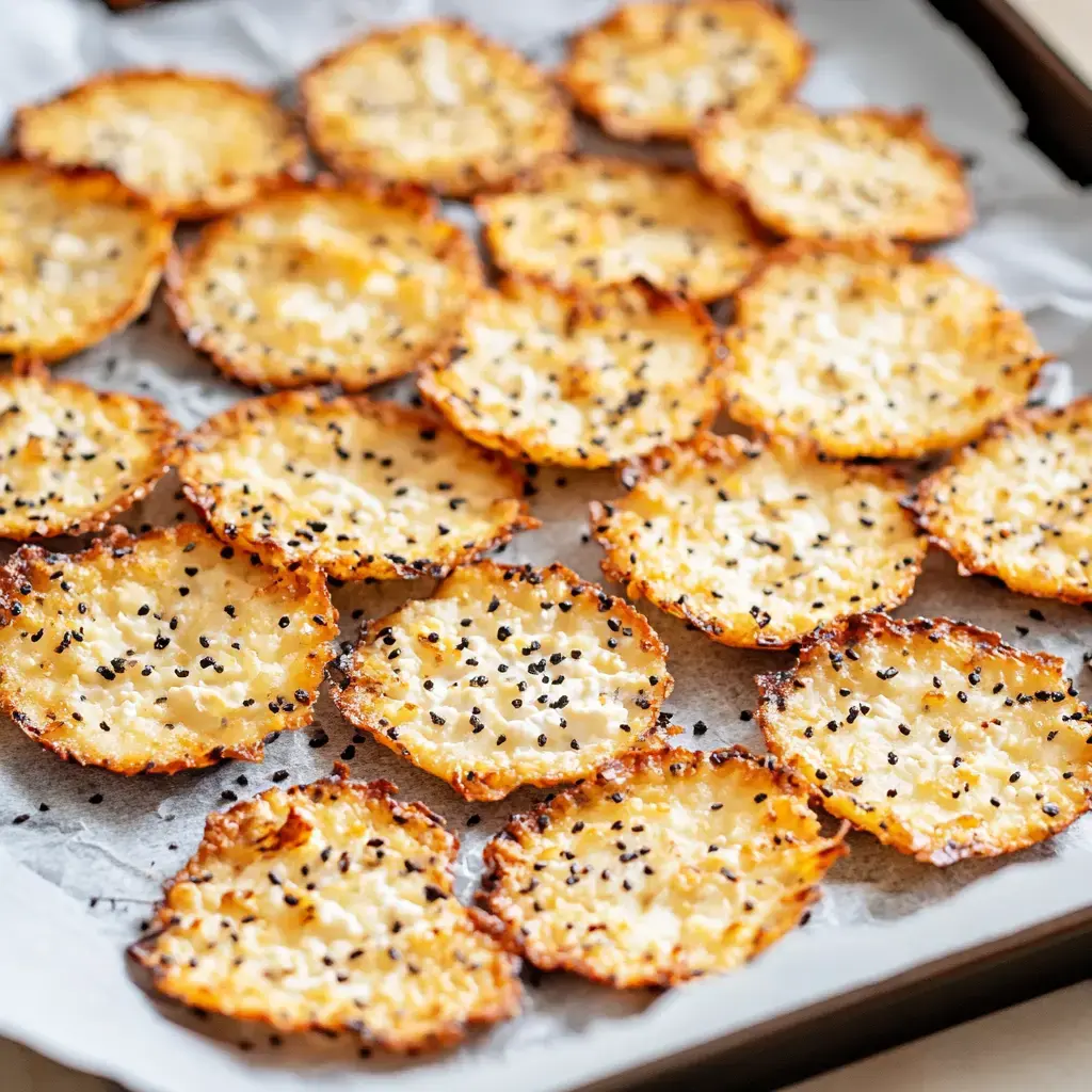 A tray of crispy, golden-brown cheese chips topped with black sesame seeds.