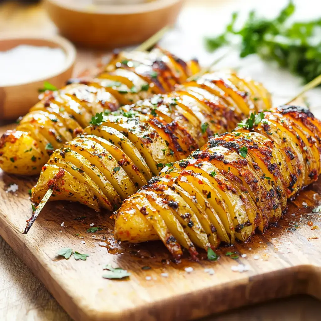 Three skewered and grilled potatoes, sliced in a spiral pattern, garnished with herbs and spices, are displayed on a wooden cutting board.