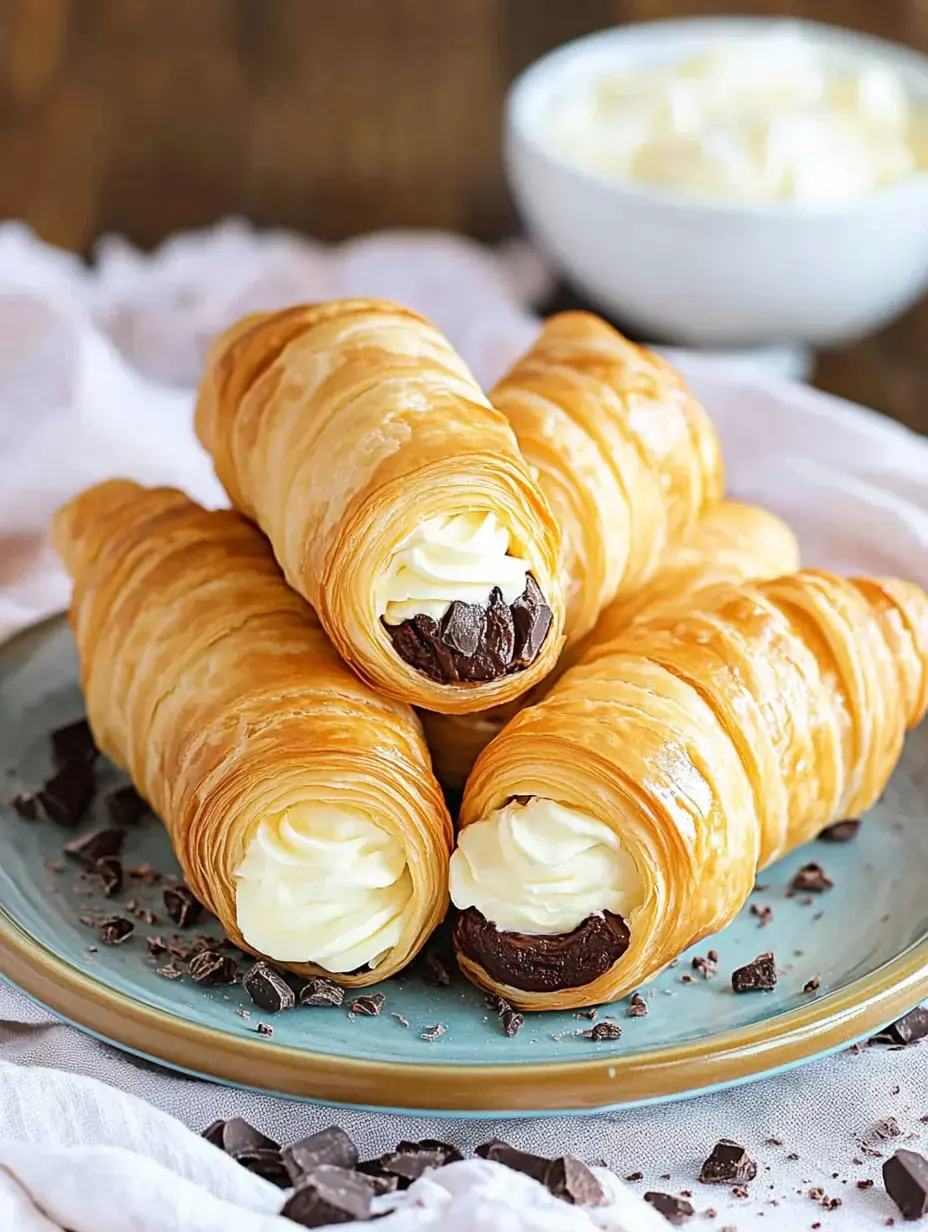 A plate of three flaky cream-filled pastries, two with vanilla cream and one with chocolate filling, surrounded by chocolate shavings.