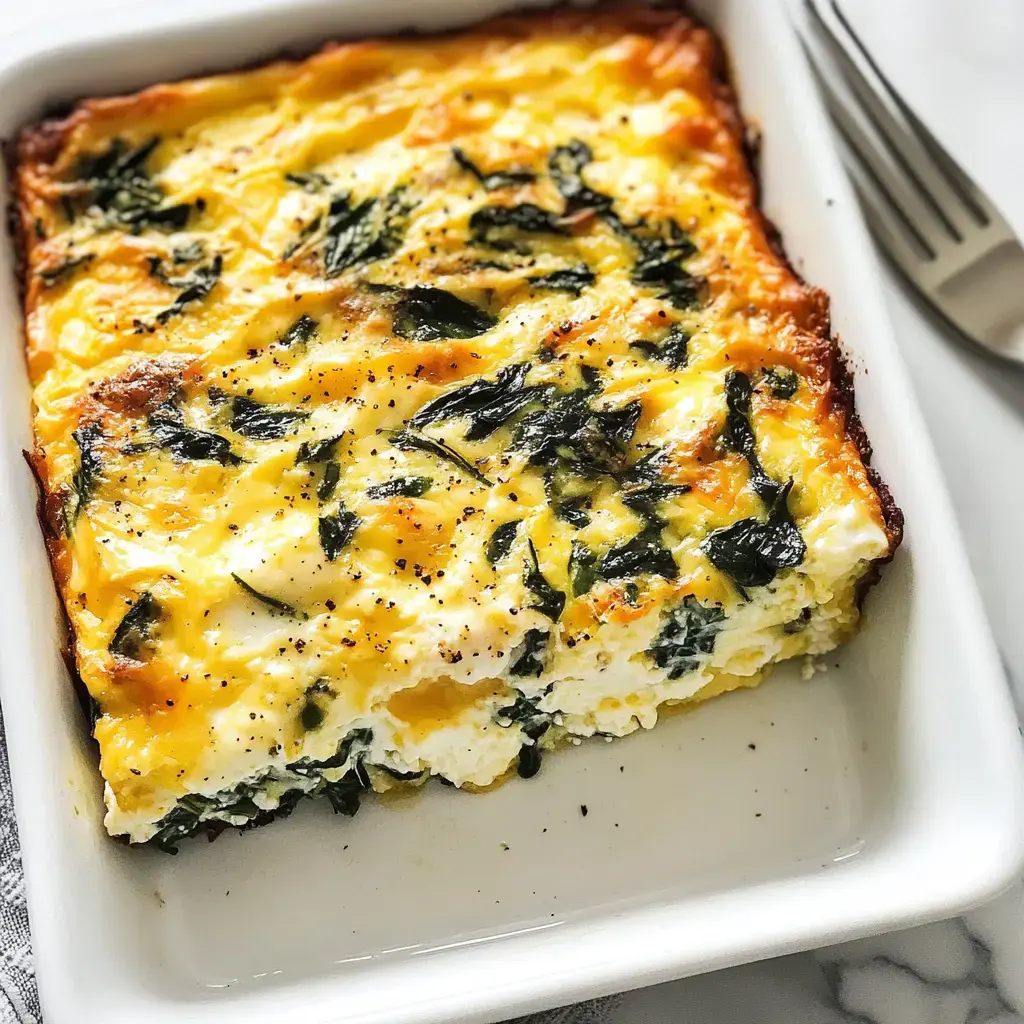 A sliced portion of a baked egg dish with spinach and cheese in a white dish.