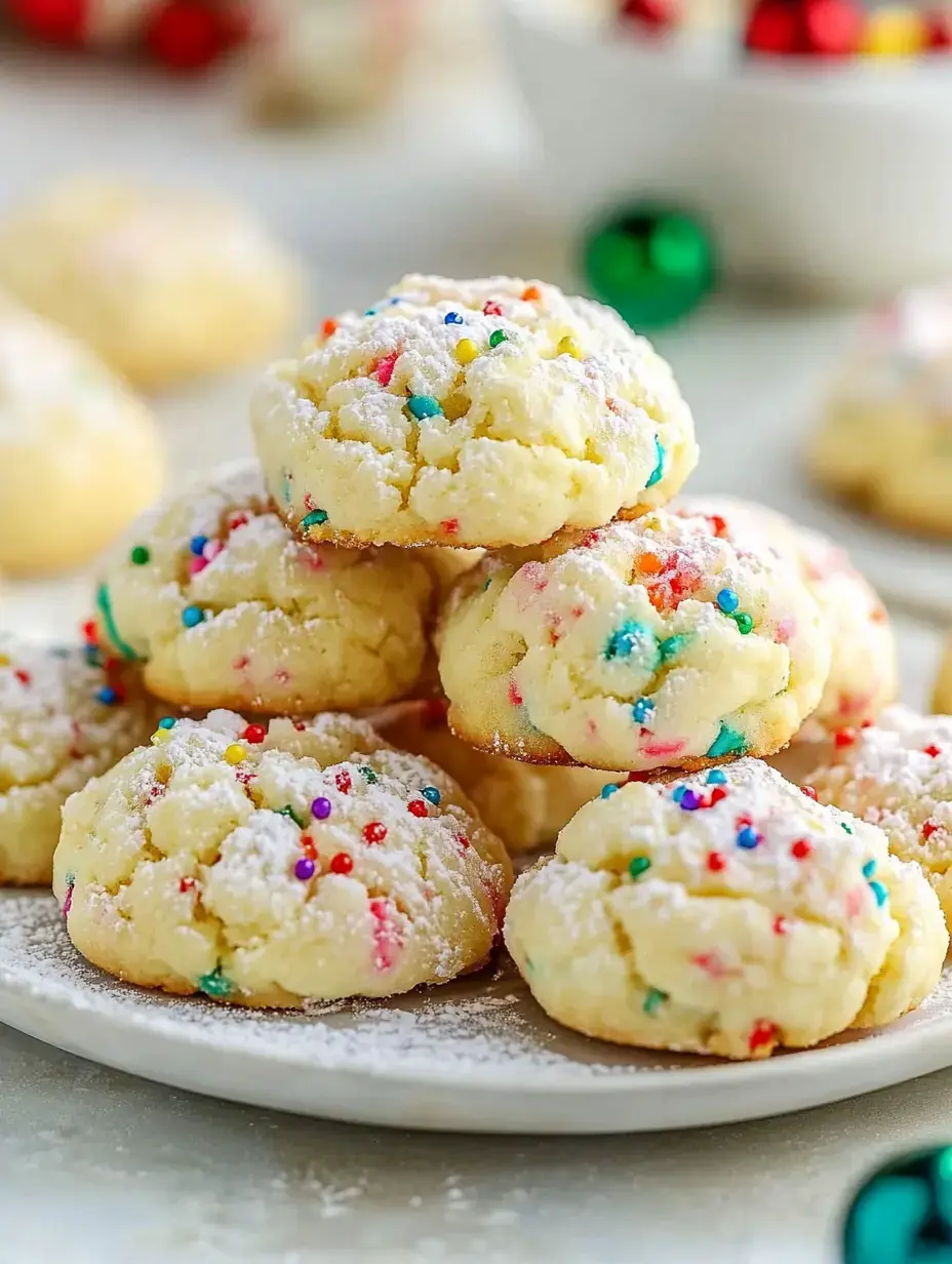 A close-up of a plate stacked with colorful, powdered sugar-dusted cookies decorated with sprinkles.