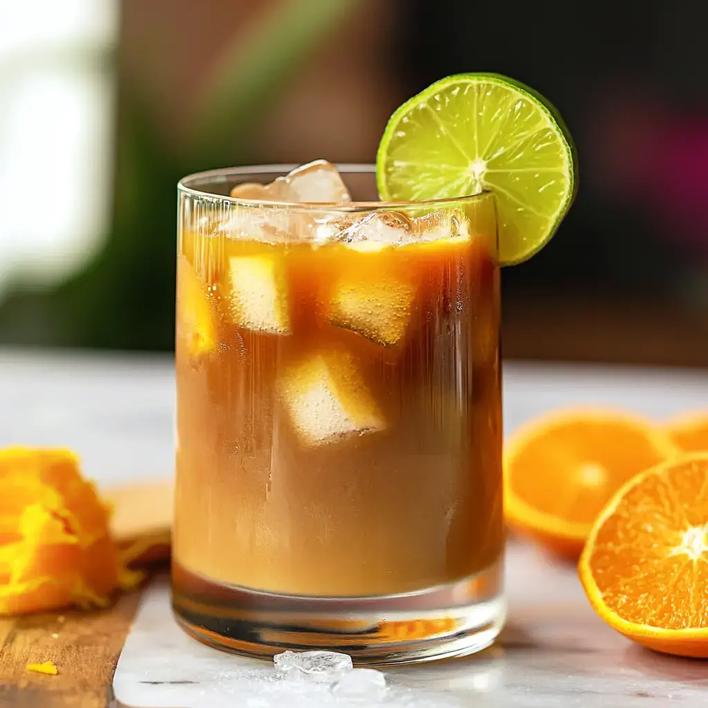 A refreshing beverage in a glass with ice, garnished with a slice of lime, alongside fresh orange halves.