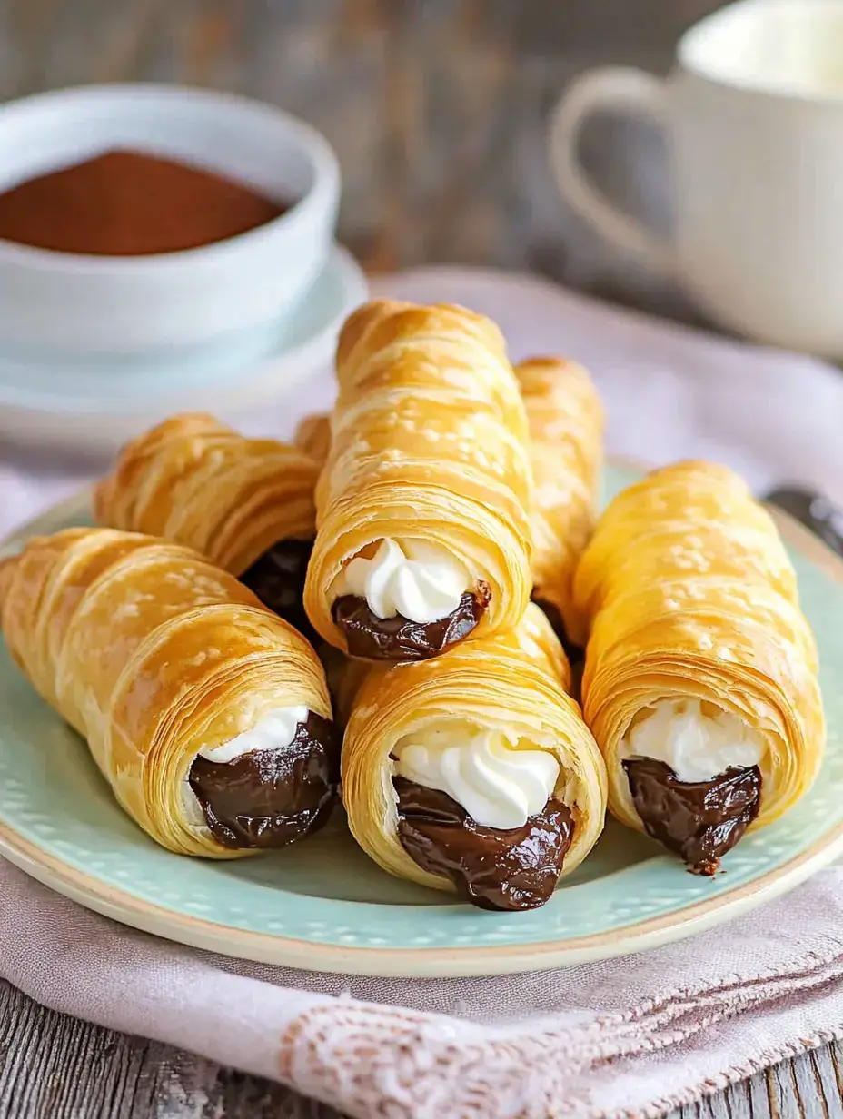 A plate of flaky pastry tubes filled with chocolate and topped with whipped cream.