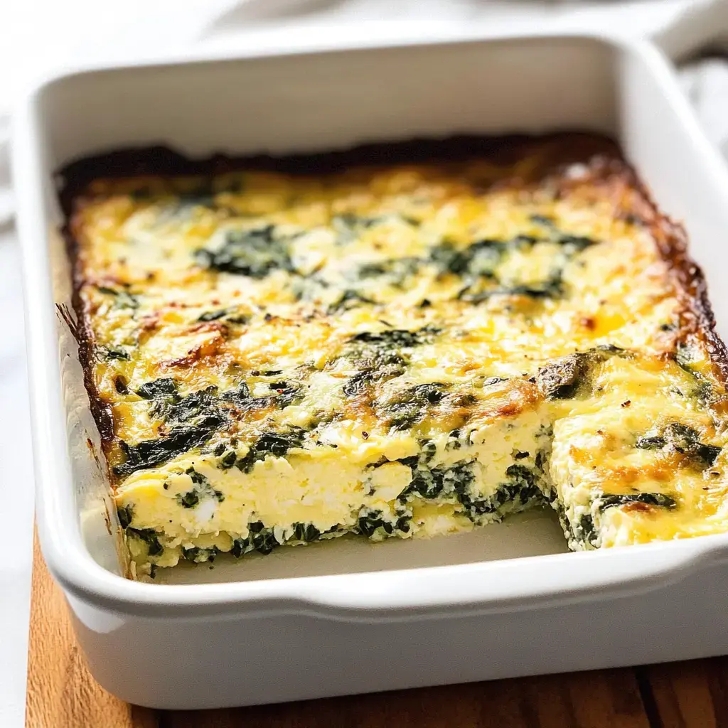 A baked spinach and cheese dish with a golden top, partially cut in a white baking dish.