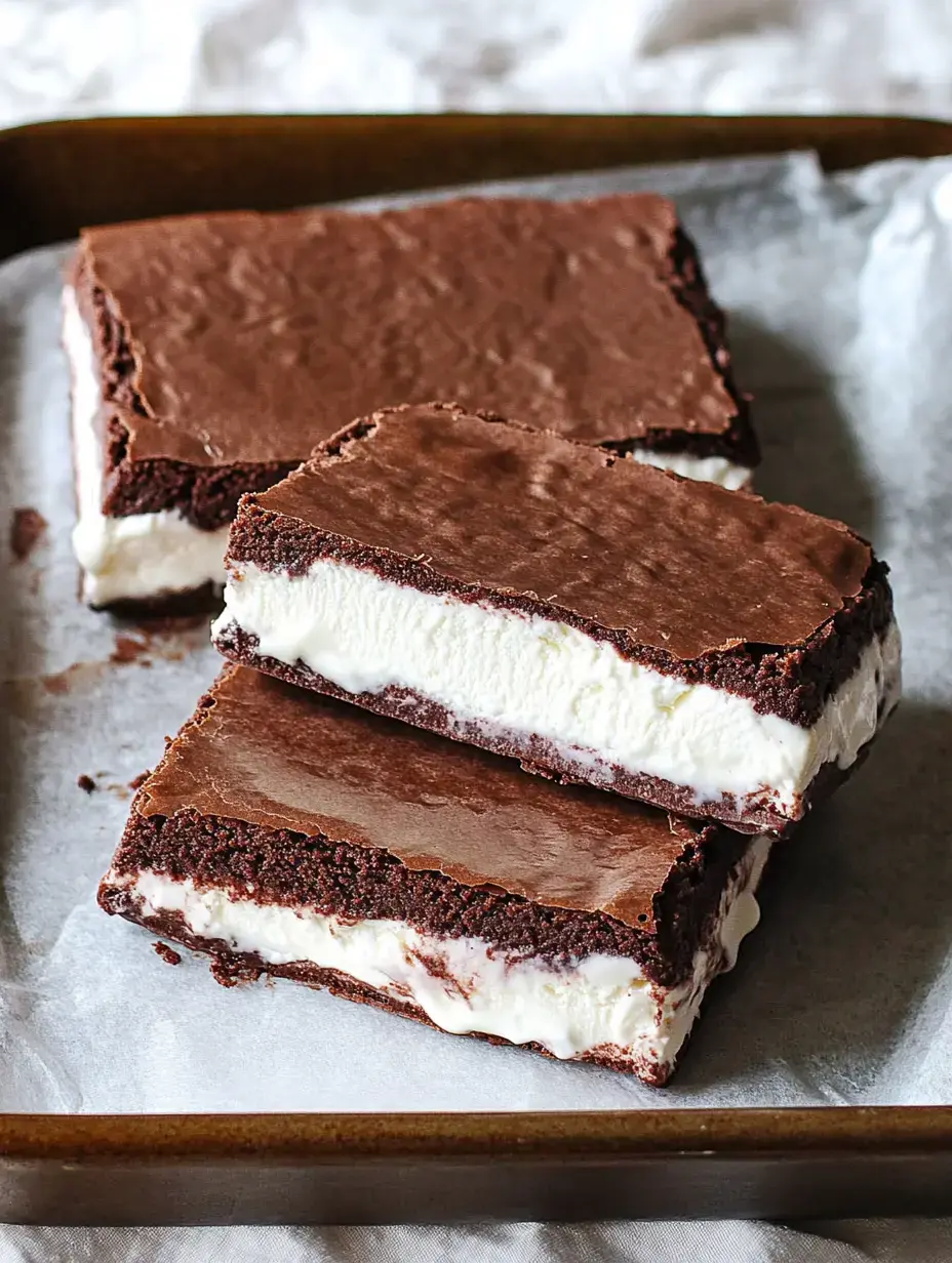 Three chocolate ice cream sandwiches with chocolate wafers are arranged on a parchment-lined tray.