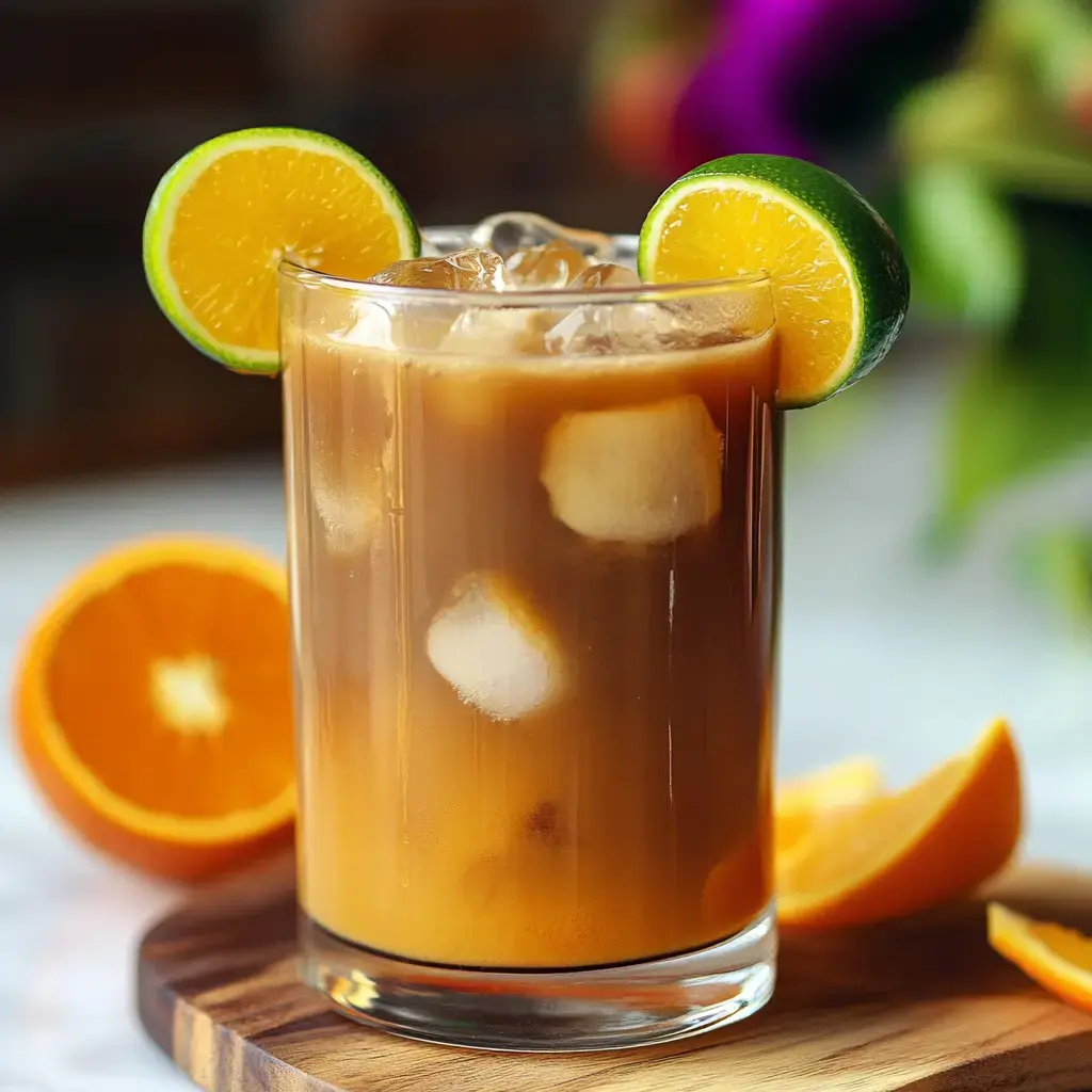 A refreshing iced beverage is served in a glass with lemon and lime garnishes, surrounded by sliced oranges on a wooden cutting board.