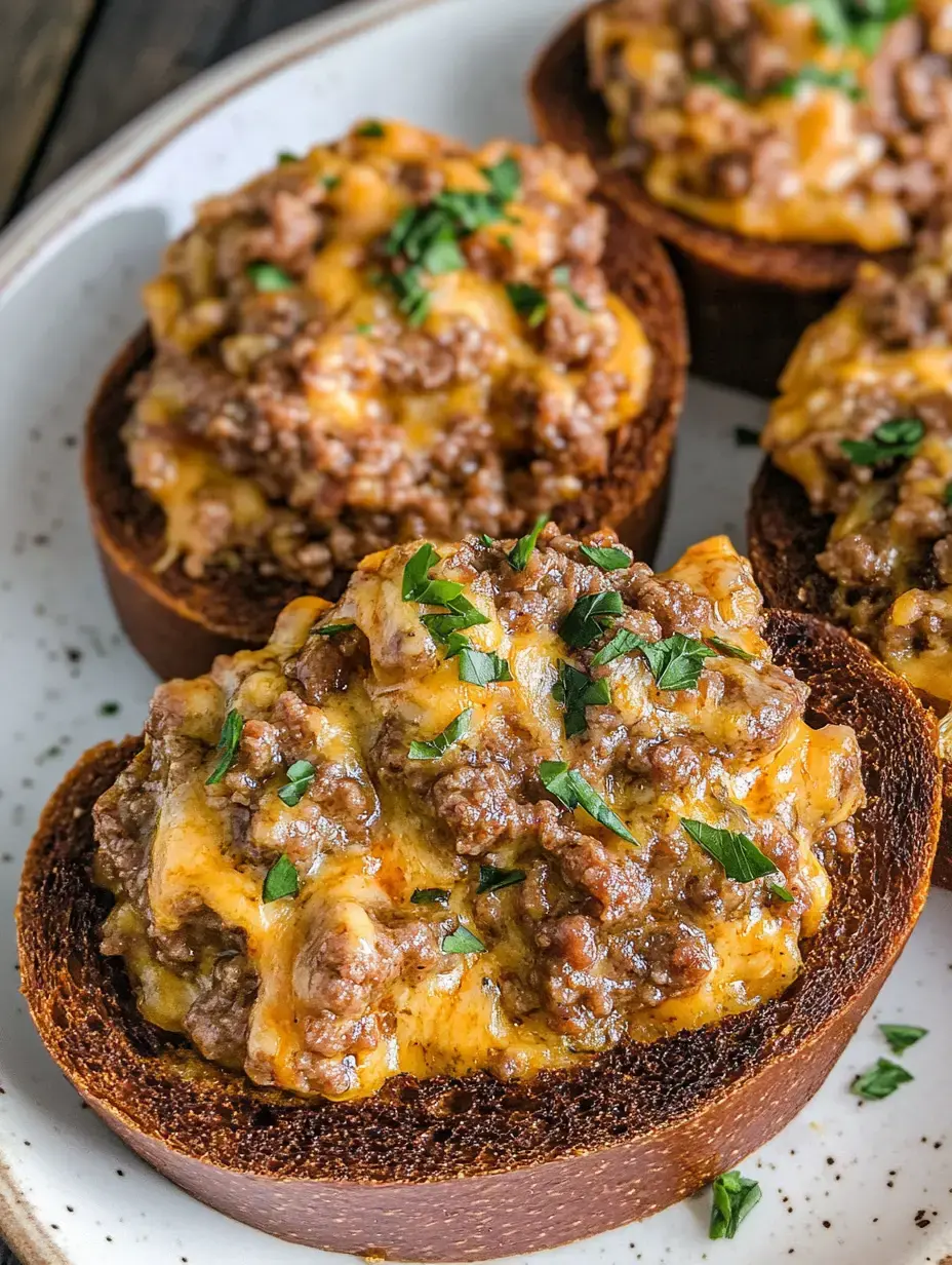 A close-up of toasted bread bowls topped with seasoned ground beef and melted cheese, garnished with fresh parsley.