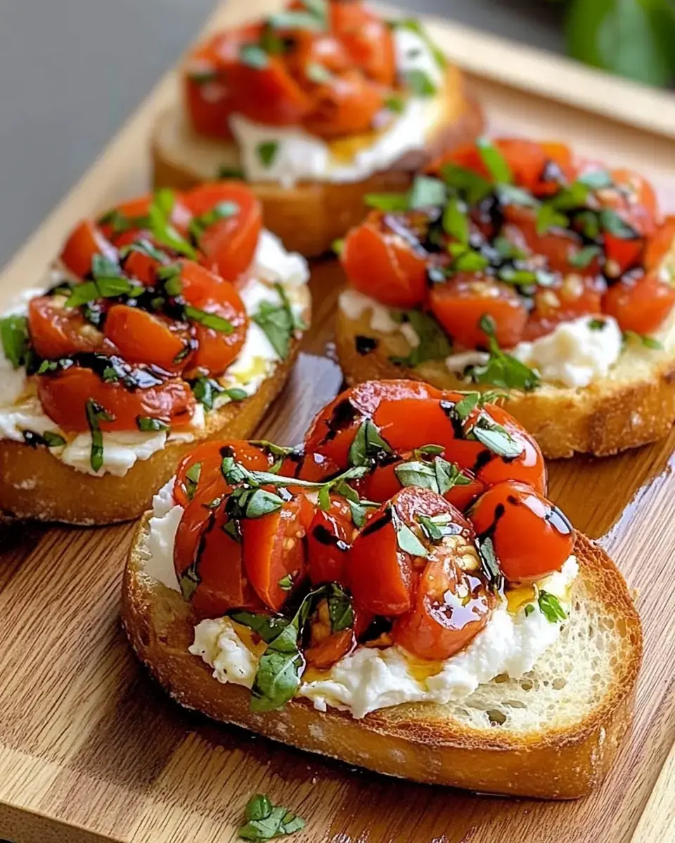 Four pieces of toasted bread topped with fresh tomatoes, basil, and a drizzle of balsamic glaze, served on a wooden platter.