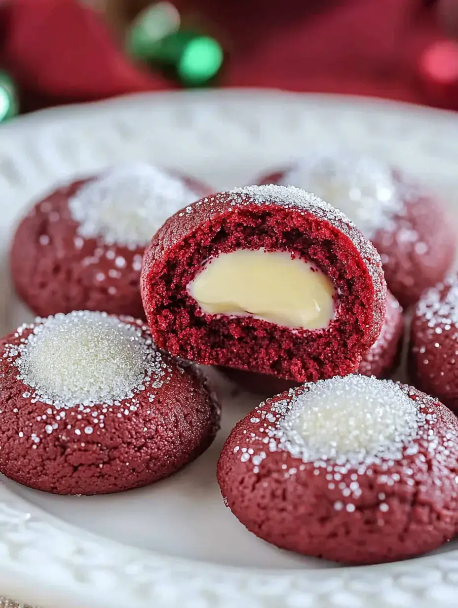 A plate of red velvet cookies with a sugar topping, one cookie cut in half to reveal a creamy filling inside.