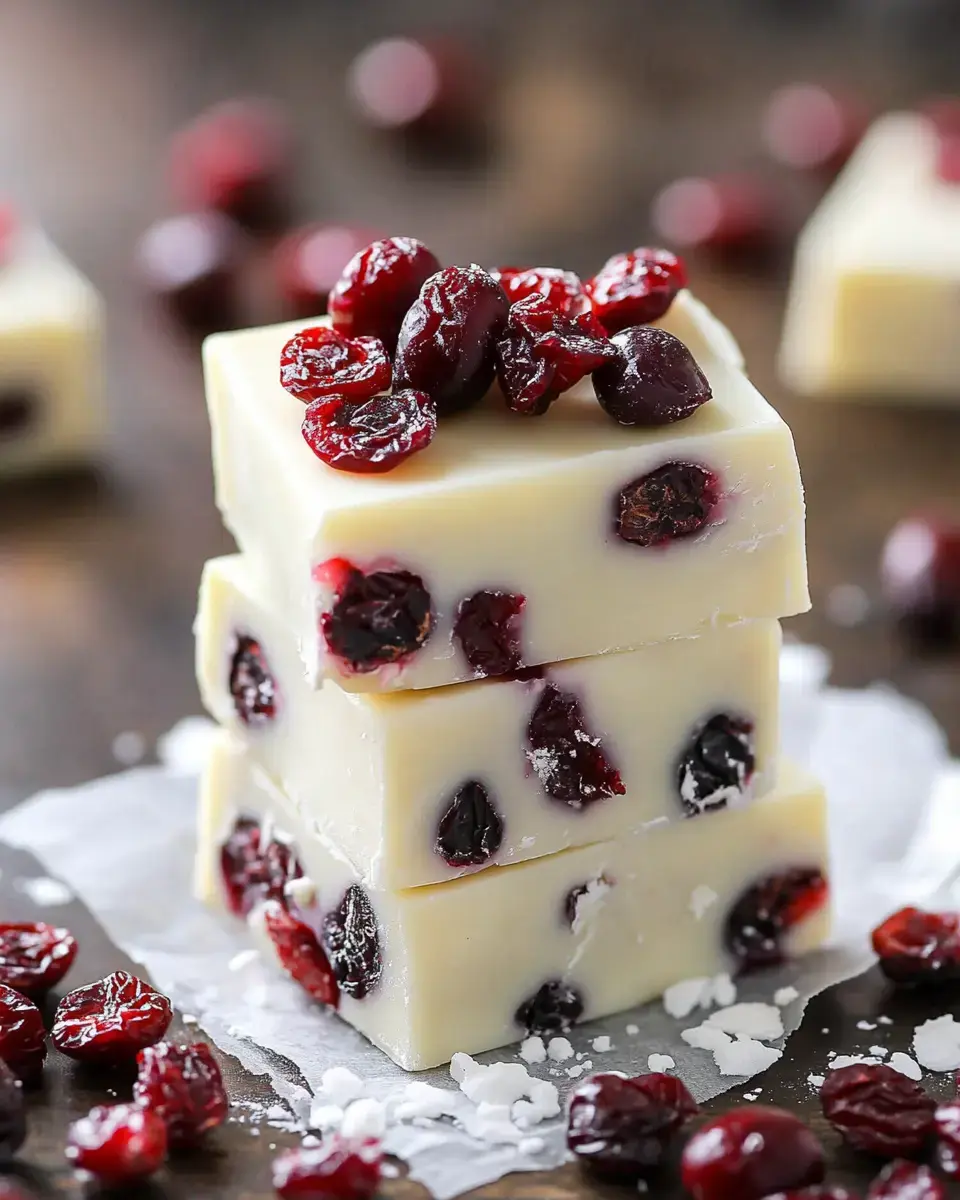 A stack of fudge pieces with cranberries and sugar on top, sitting on a textured surface.