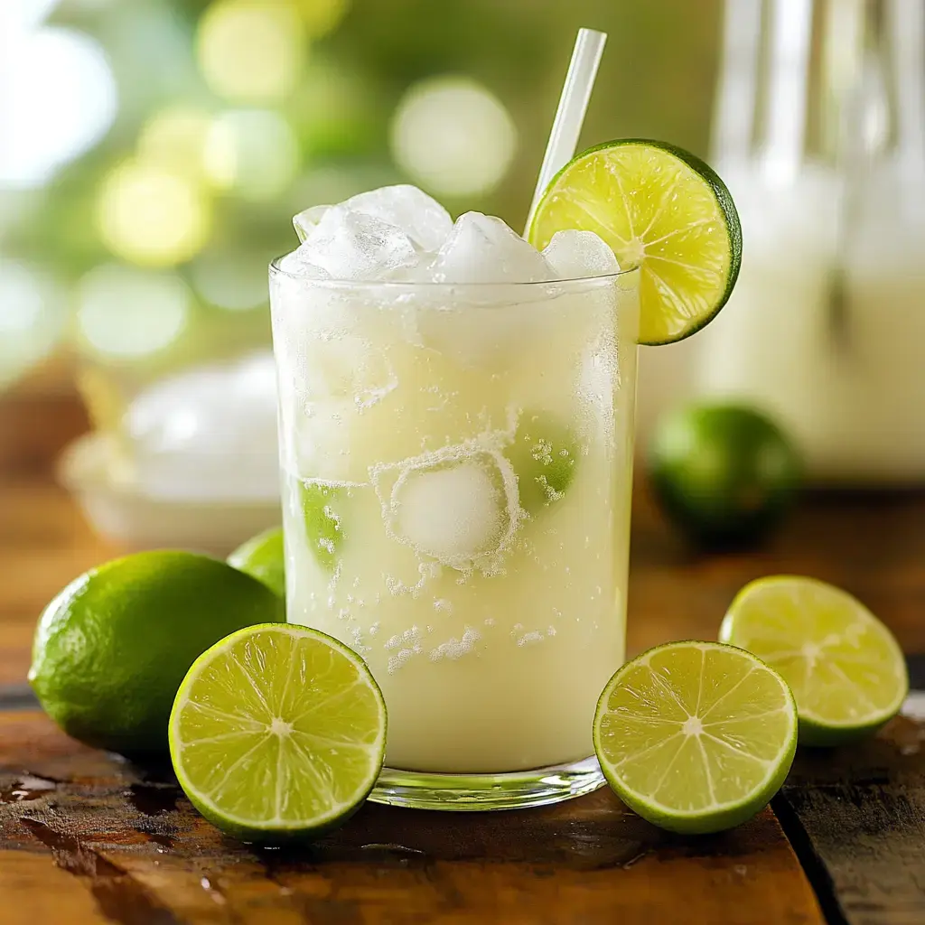 A refreshing glass of limeade with ice, garnished with lime slices, is shown alongside whole and sliced limes on a wooden surface.