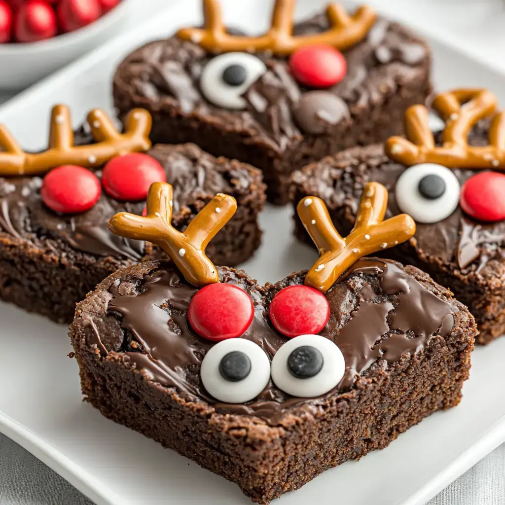 A plate of decorated brownies designed to look like reindeer, featuring chocolate frosting, candy eyes, and antlers made of pretzels.