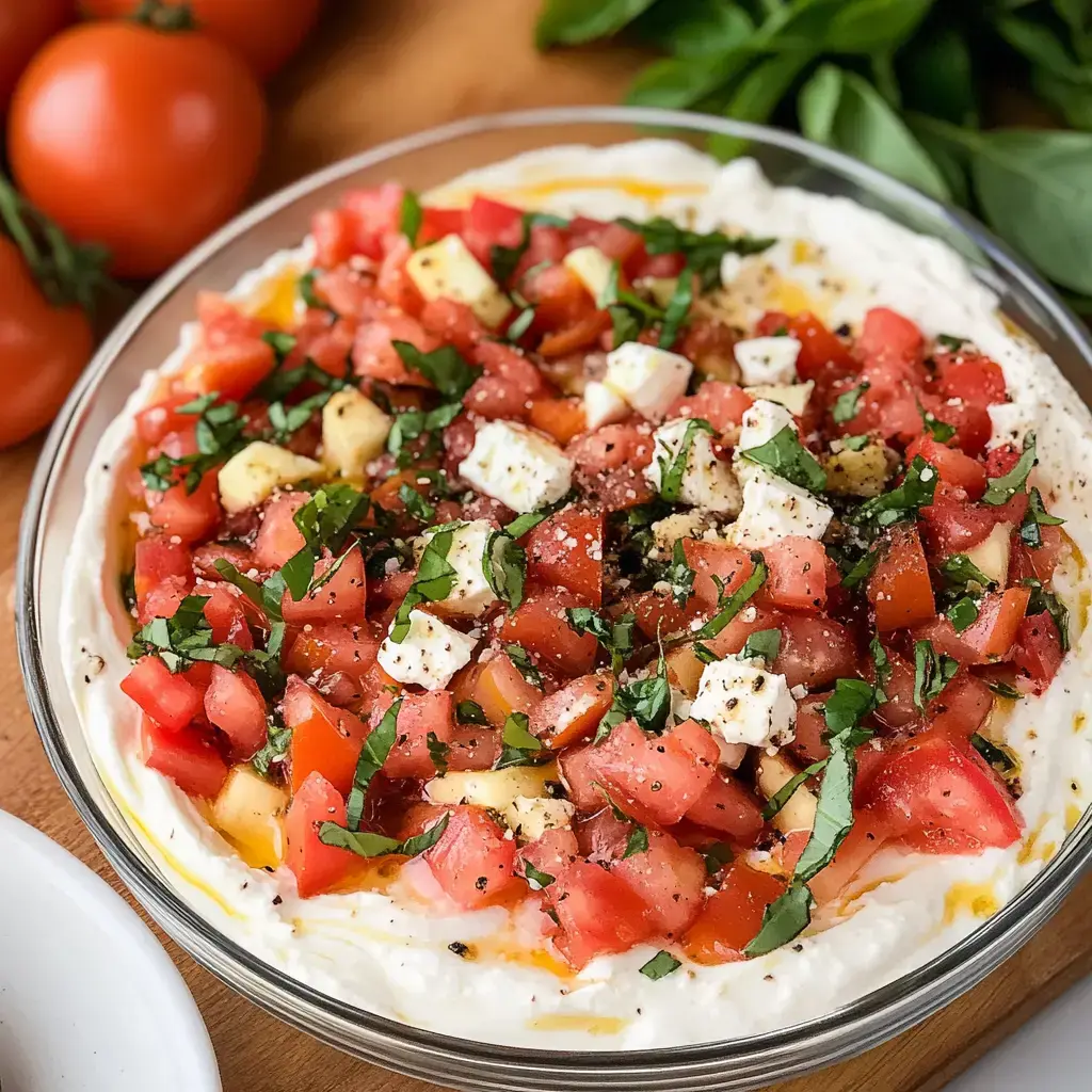 A glass dish filled with a creamy base topped with diced tomatoes, fresh herbs, and crumbled feta cheese, served alongside ripe tomatoes and basil leaves.